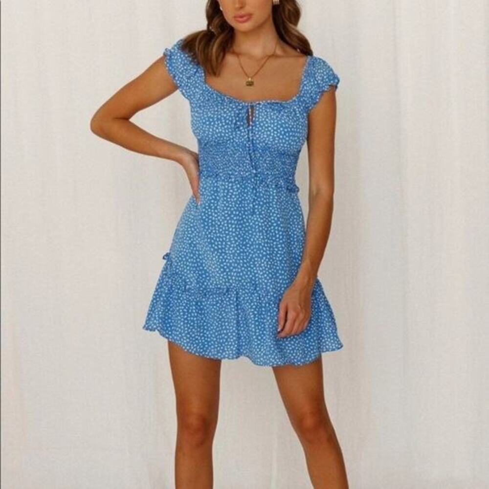 Hello Molly Blue Print Lorelai Mini Dress ruffle sleeve tie front flirty medium